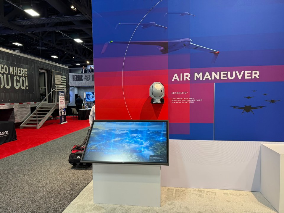 Interactive terrain display beneath Rafael USA Air Maneuver graphics and a MICROLITE sensor.
