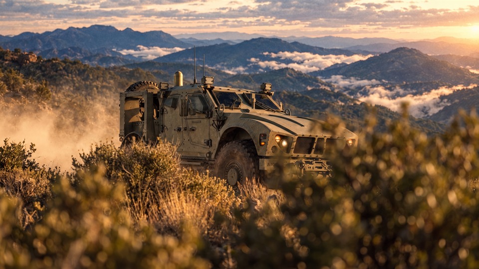 A tactical vehicle in a mountain landscape.