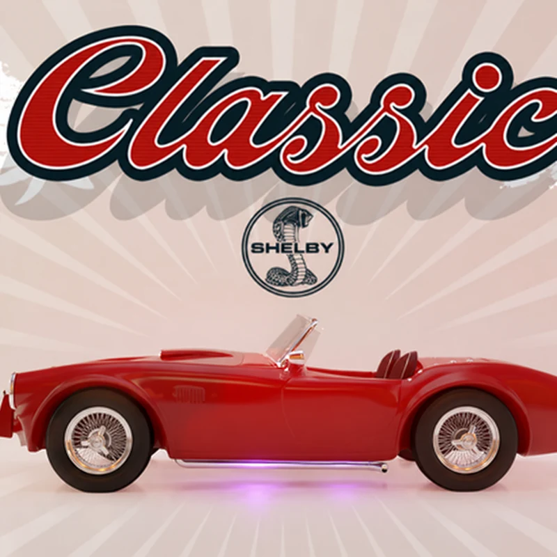 Red classic Shelby car with a subtle purple reflection below.