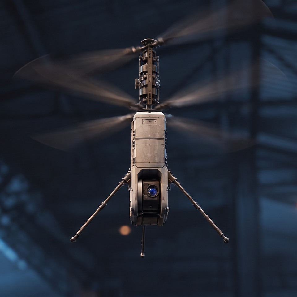 Rotorcraft study - A compact rotorcraft hovering in a dark hangar.