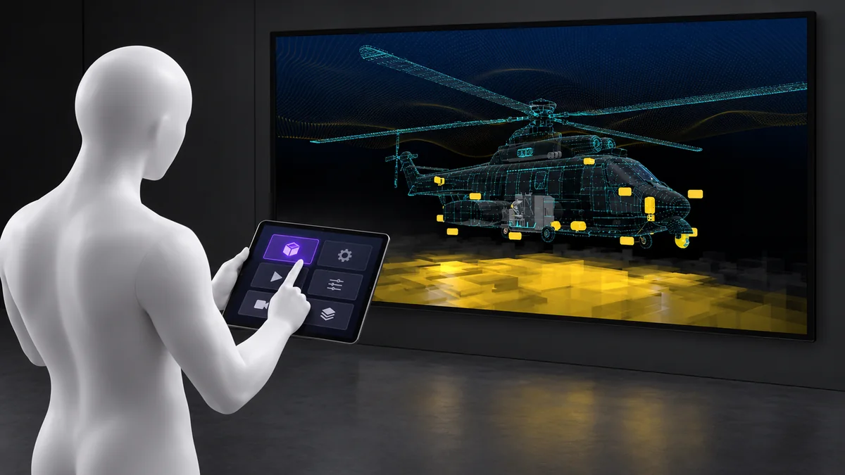 A visitor uses a tablet interface to control a helicopter presentation on the wall display.