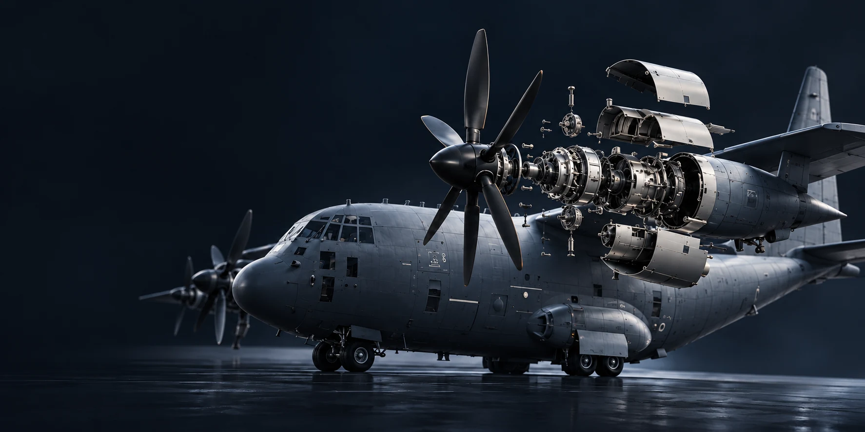 Aircraft presentation concept with an exploded engine assembly