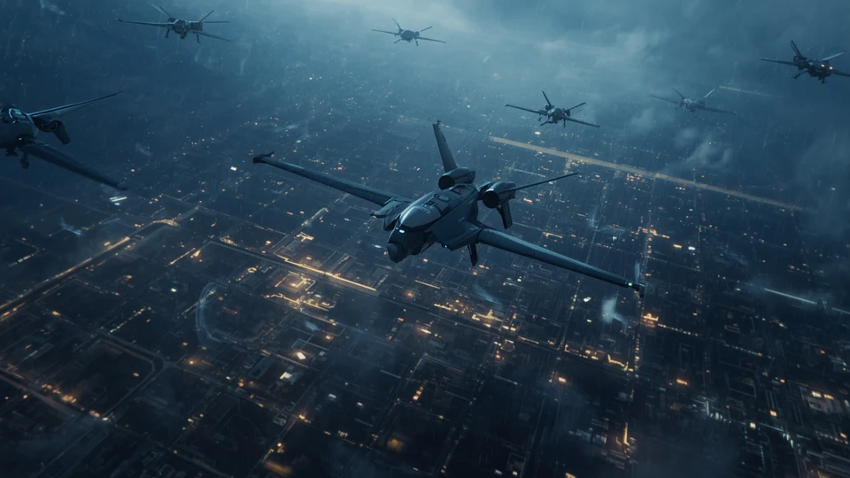 Aircraft flying above a city at night