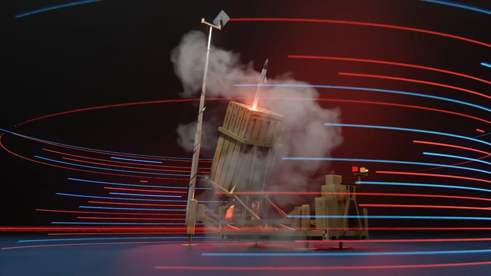 Missile launcher visualization with red and blue light trails
