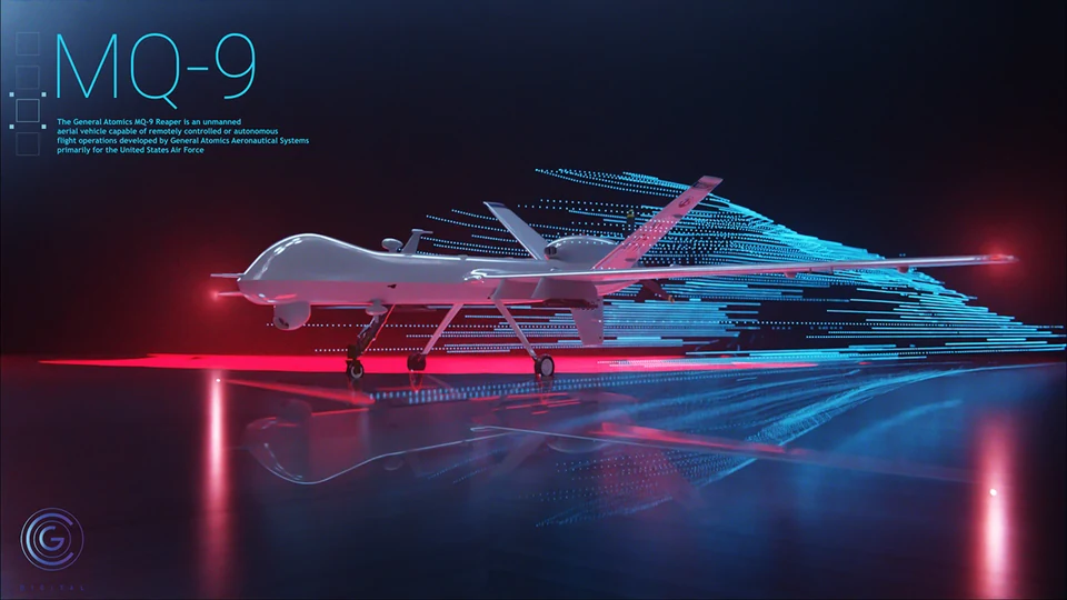 MQ-9 aircraft visualization with blue and red lighting