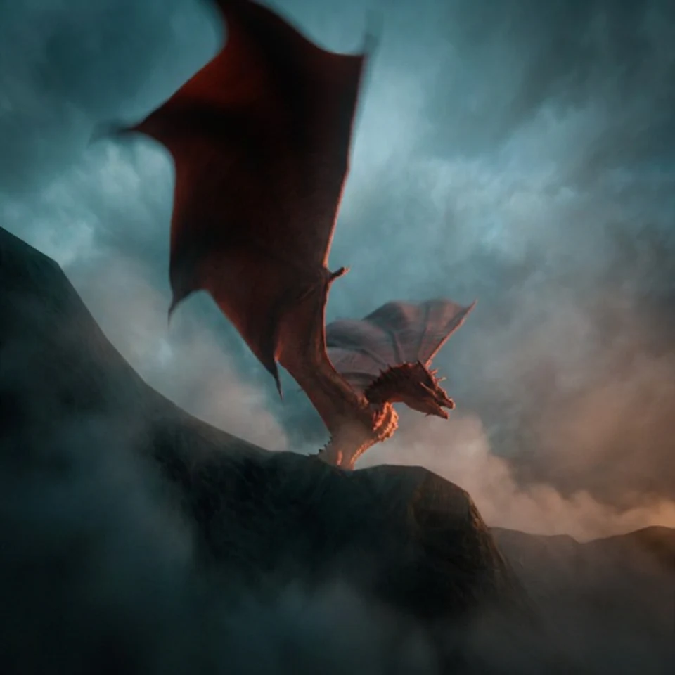 WIP - Dragon above a misty mountain ridge