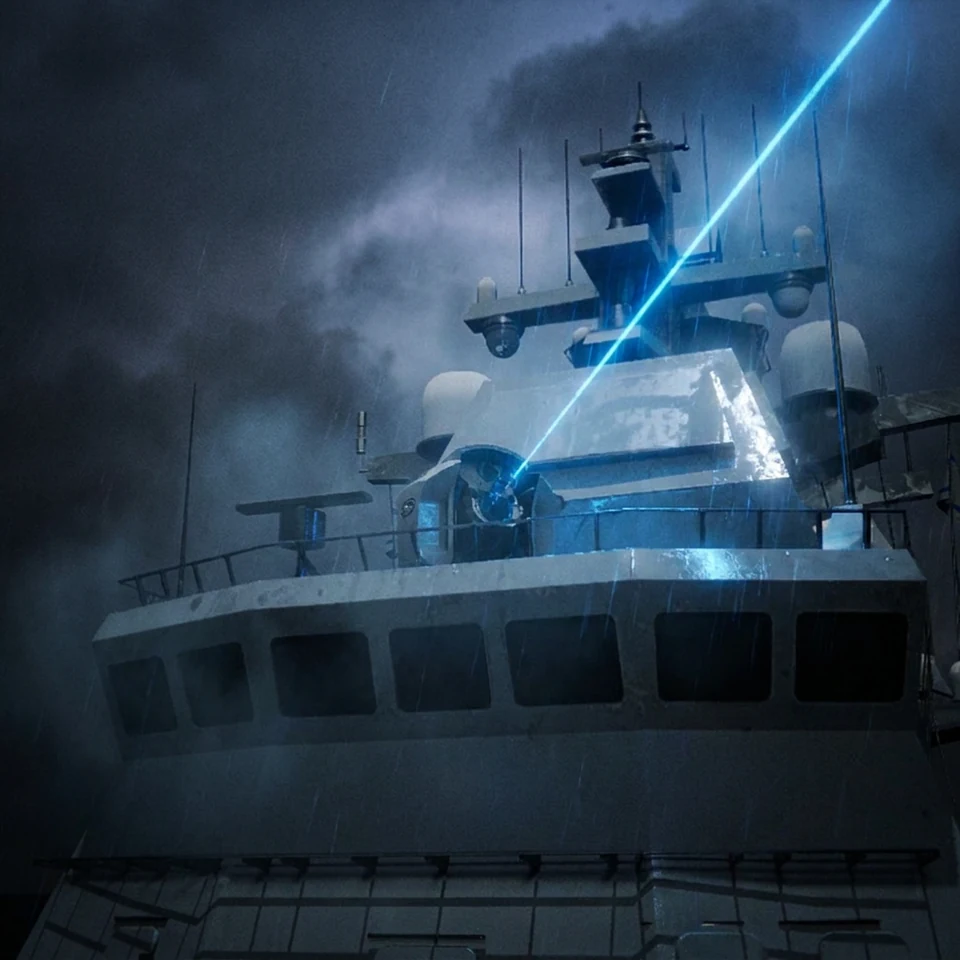 WIP - Naval ship with a blue beam in stormy weather