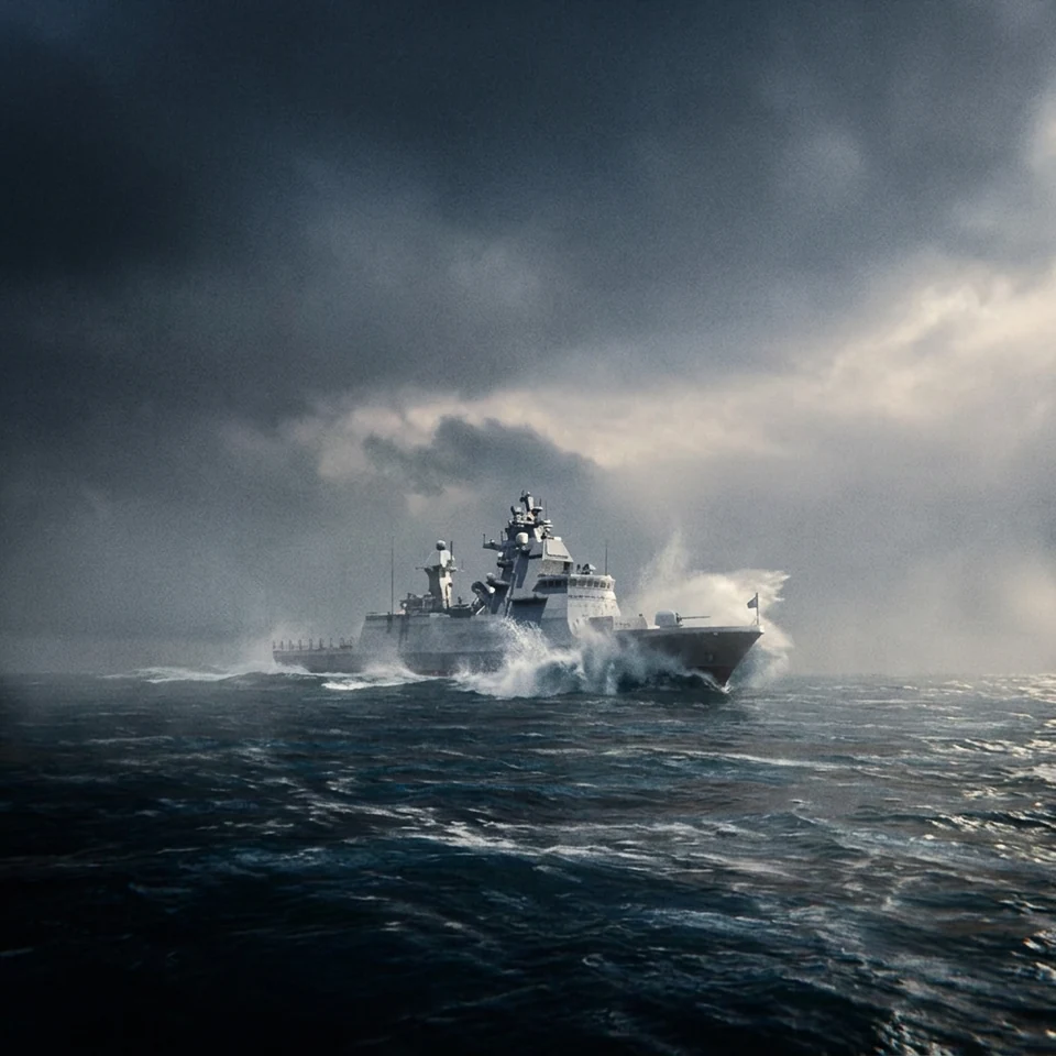 WIP - Naval ship sailing through rough seas