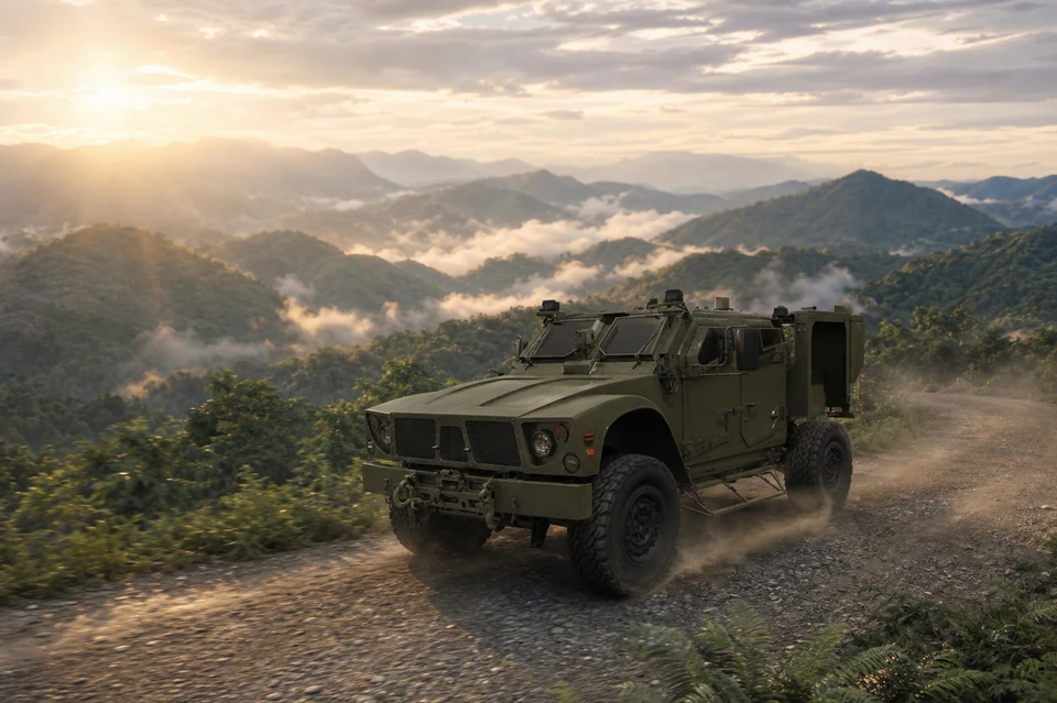 WIP - armored vehicle on a mountain road at sunrise